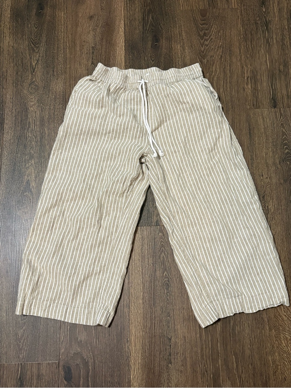 beachlunchlounge Beige and White Striped Linen-Cotton Drawstring Pants